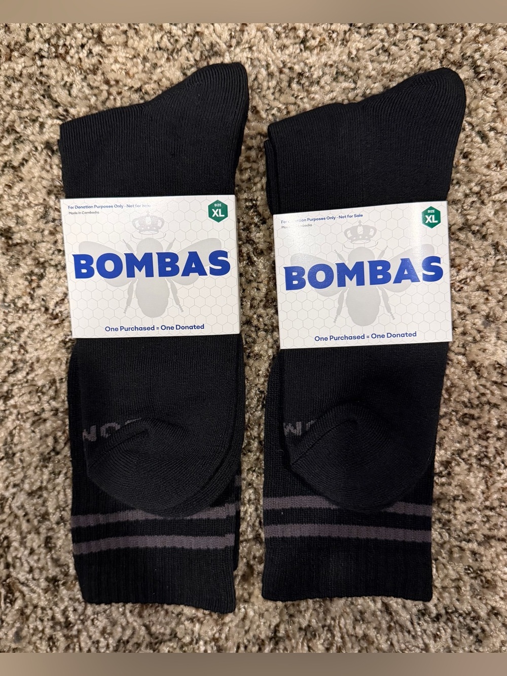 2 PACK Bombas NEW  Black Crew Athletic Socks with Gray Stripes - XL